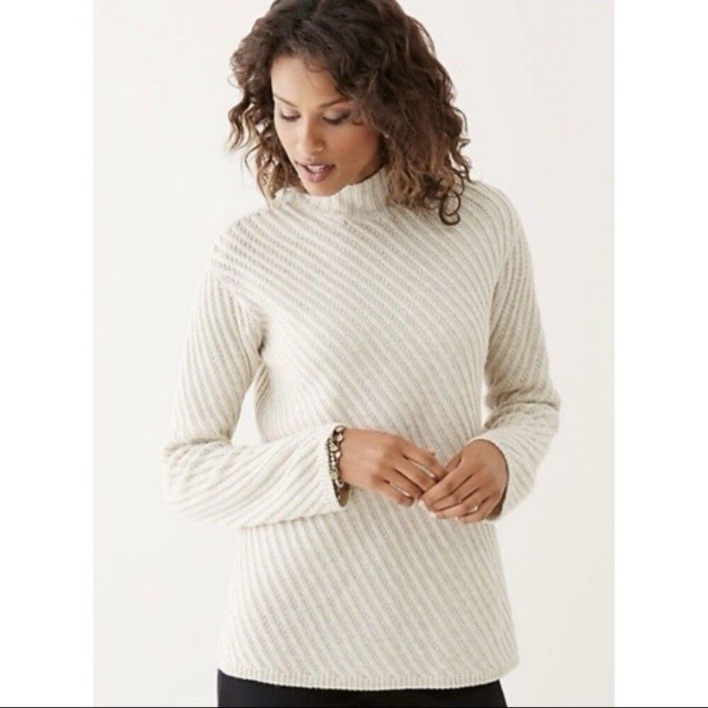 J. Jill Womens Wool Cashmere Mock Neck Ribbed Sweater Cream Neutral Size Large